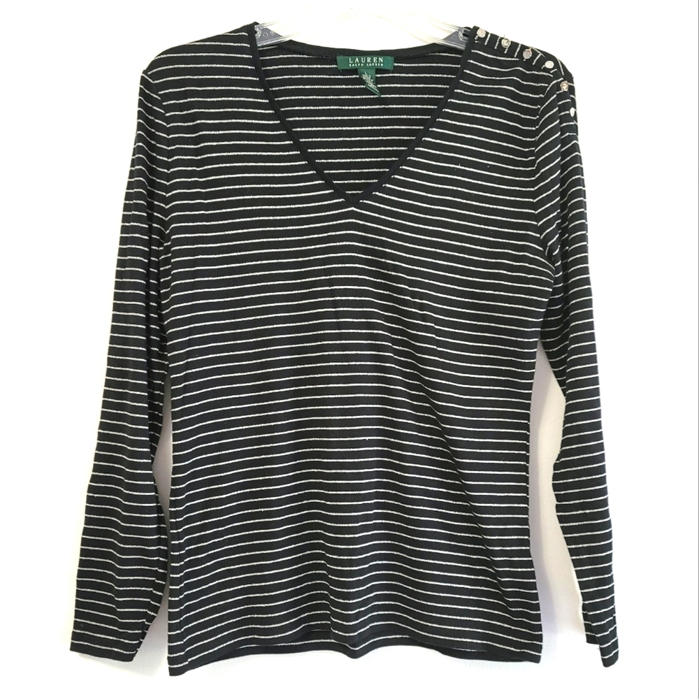 Lauren Ralph Lauren Striped Black & Silver Metallic V-neck Long Sleeve Top Sz L